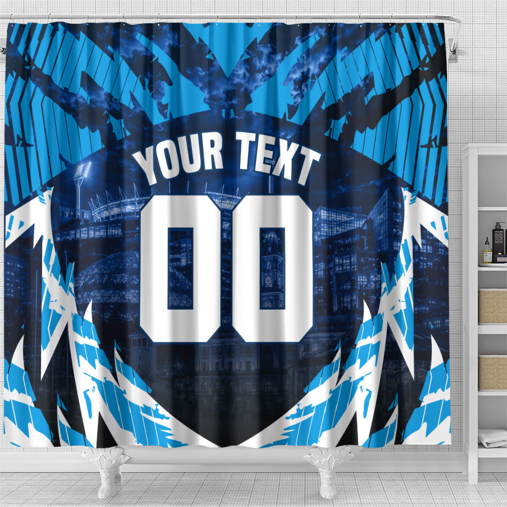 Personalised Geelong Cat Football Shower Curtain Electric Blue Mascot Charging Cityscape