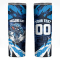 Personalised Geelong Cat Football Skinny Tumbler Electric Blue Mascot Charging Cityscape