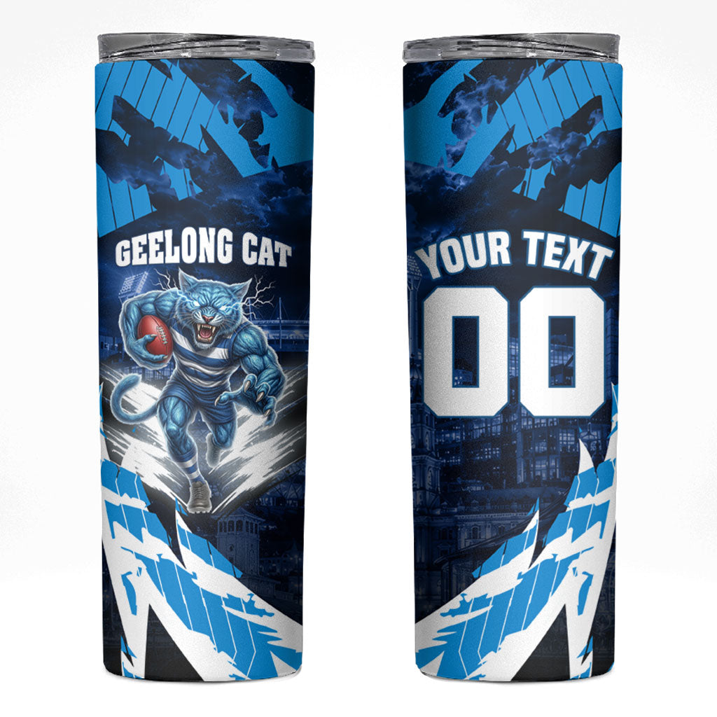 Personalised Geelong Cat Football Skinny Tumbler Electric Blue Mascot Charging Cityscape