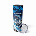 Personalised Geelong Cat Football Skinny Tumbler Electric Blue Mascot Charging Cityscape