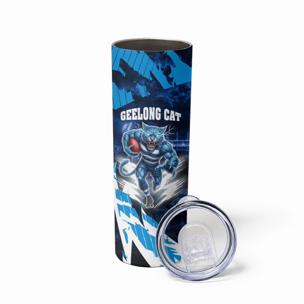 Personalised Geelong Cat Football Skinny Tumbler Electric Blue Mascot Charging Cityscape