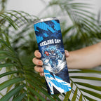 Personalised Geelong Cat Football Skinny Tumbler Electric Blue Mascot Charging Cityscape