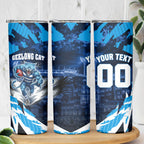 Personalised Geelong Cat Football Skinny Tumbler Electric Blue Mascot Charging Cityscape