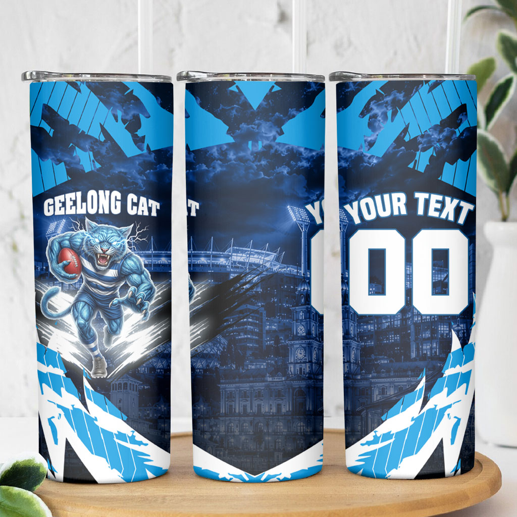 Personalised Geelong Cat Football Skinny Tumbler Electric Blue Mascot Charging Cityscape