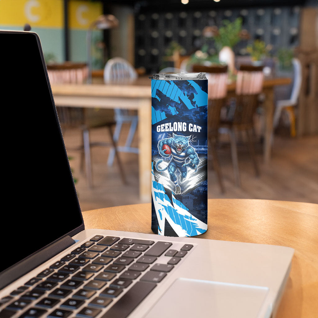 Personalised Geelong Cat Football Skinny Tumbler Electric Blue Mascot Charging Cityscape
