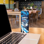 Personalised Geelong Cat Football Skinny Tumbler Electric Blue Mascot Charging Cityscape