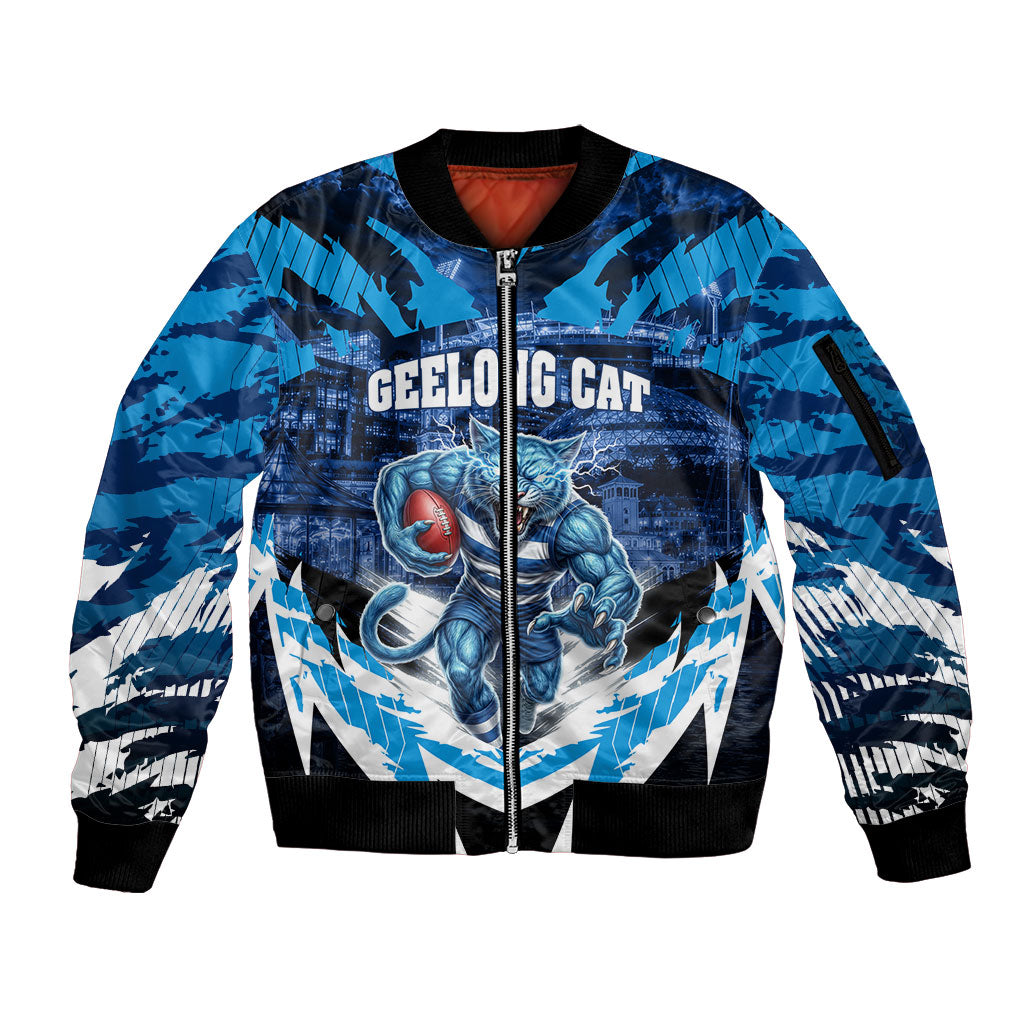 Personalised Geelong Cat Football Sleeve Zip Bomber Jacket Electric Blue Mascot Charging Cityscape