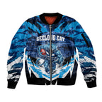 Personalised Geelong Cat Football Sleeve Zip Bomber Jacket Electric Blue Mascot Charging Cityscape