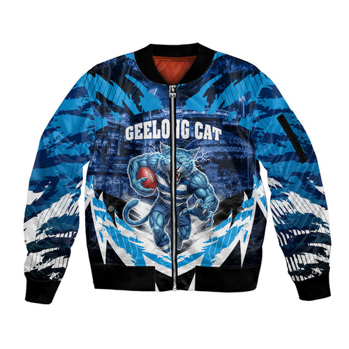 Personalised Geelong Cat Football Sleeve Zip Bomber Jacket Electric Blue Mascot Charging Cityscape