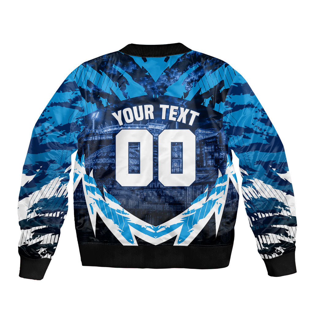 Personalised Geelong Cat Football Sleeve Zip Bomber Jacket Electric Blue Mascot Charging Cityscape