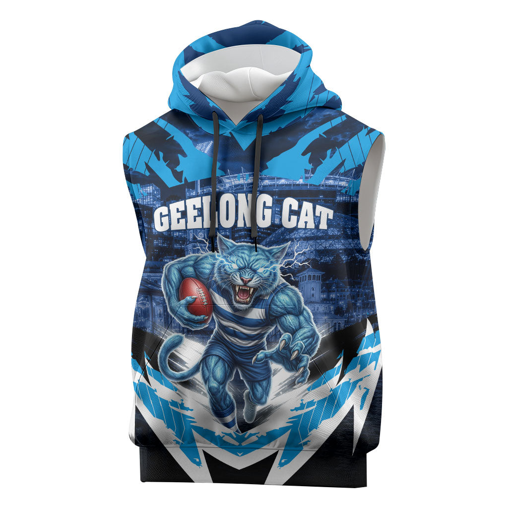 Personalised Geelong Cat Football Sleeveless Hoodie Electric Blue Mascot Charging Cityscape
