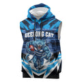 Personalised Geelong Cat Football Sleeveless Hoodie Electric Blue Mascot Charging Cityscape