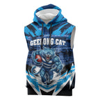 Personalised Geelong Cat Football Sleeveless Hoodie Electric Blue Mascot Charging Cityscape