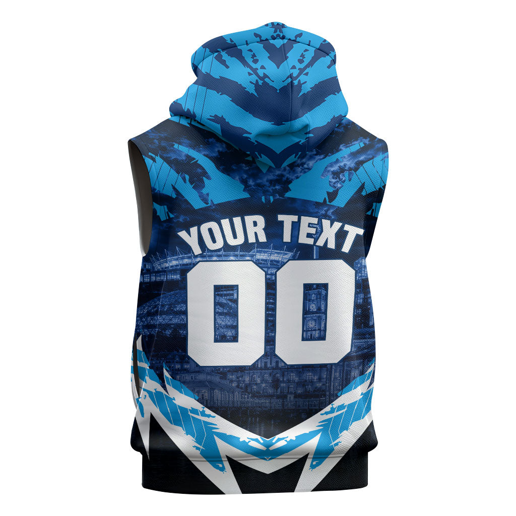 Personalised Geelong Cat Football Sleeveless Hoodie Electric Blue Mascot Charging Cityscape
