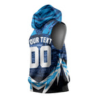 Personalised Geelong Cat Football Sleeveless Hoodie Electric Blue Mascot Charging Cityscape
