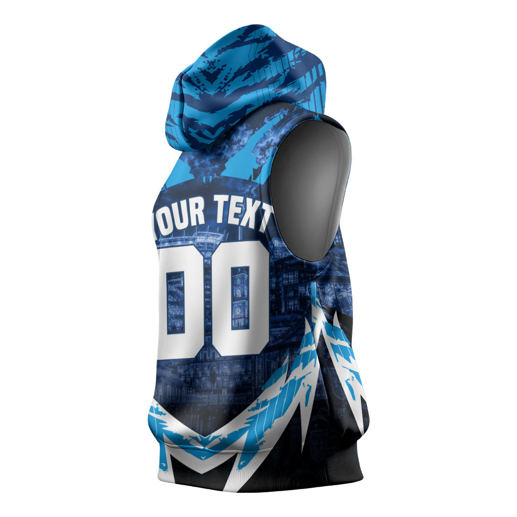Personalised Geelong Cat Football Sleeveless Hoodie Electric Blue Mascot Charging Cityscape