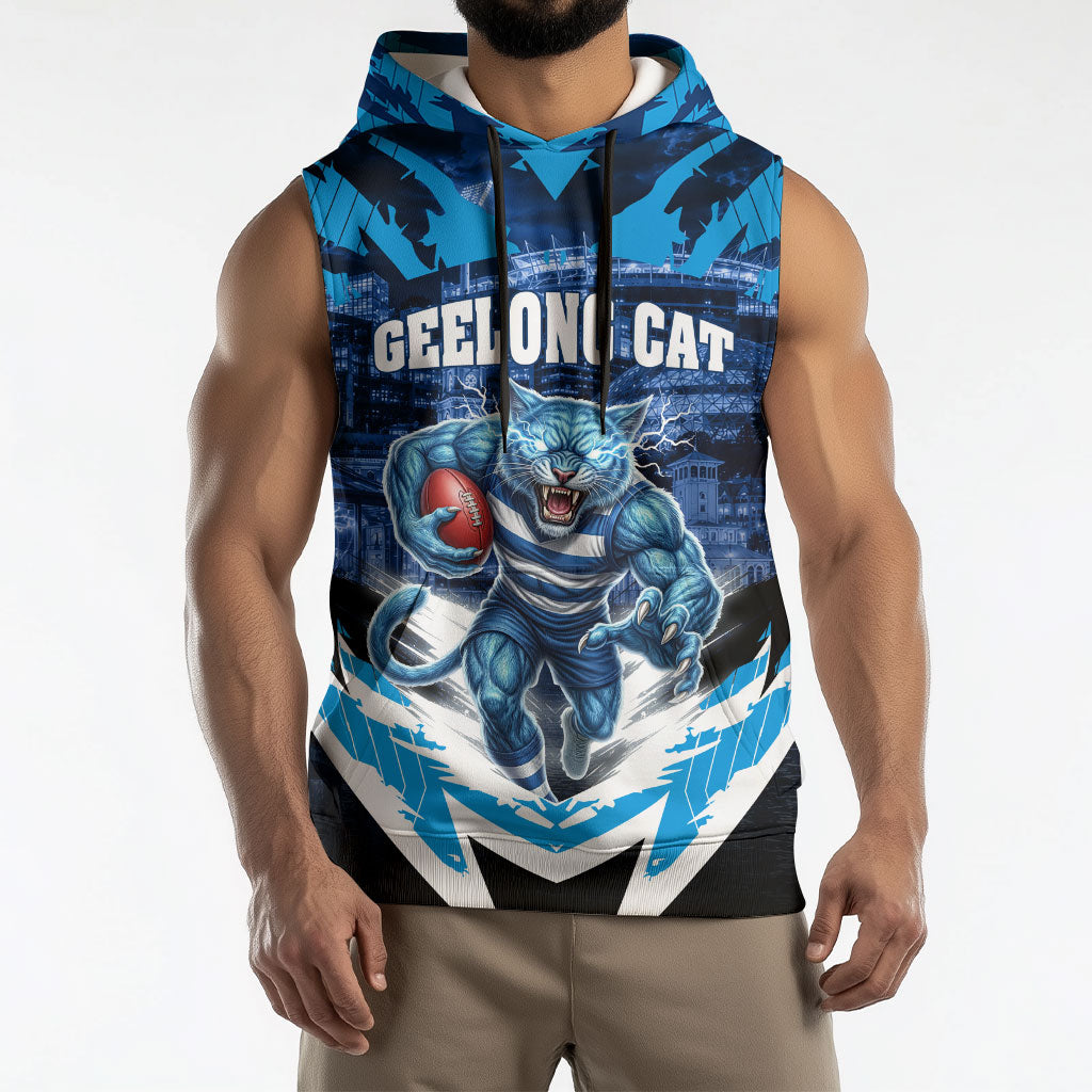 Personalised Geelong Cat Football Sleeveless Hoodie Electric Blue Mascot Charging Cityscape