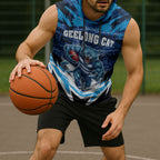 Personalised Geelong Cat Football Sleeveless Hoodie Electric Blue Mascot Charging Cityscape