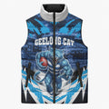 Personalised Geelong Cat Football Sleeveless Puffer Jacket Electric Blue Mascot Charging Cityscape