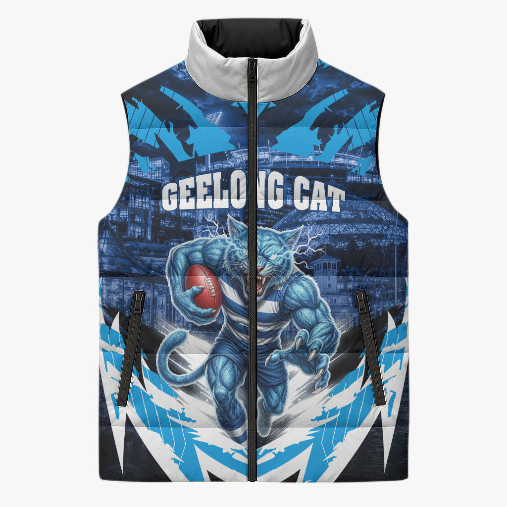 Personalised Geelong Cat Football Sleeveless Puffer Jacket Electric Blue Mascot Charging Cityscape