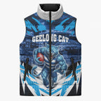 Personalised Geelong Cat Football Sleeveless Puffer Jacket Electric Blue Mascot Charging Cityscape