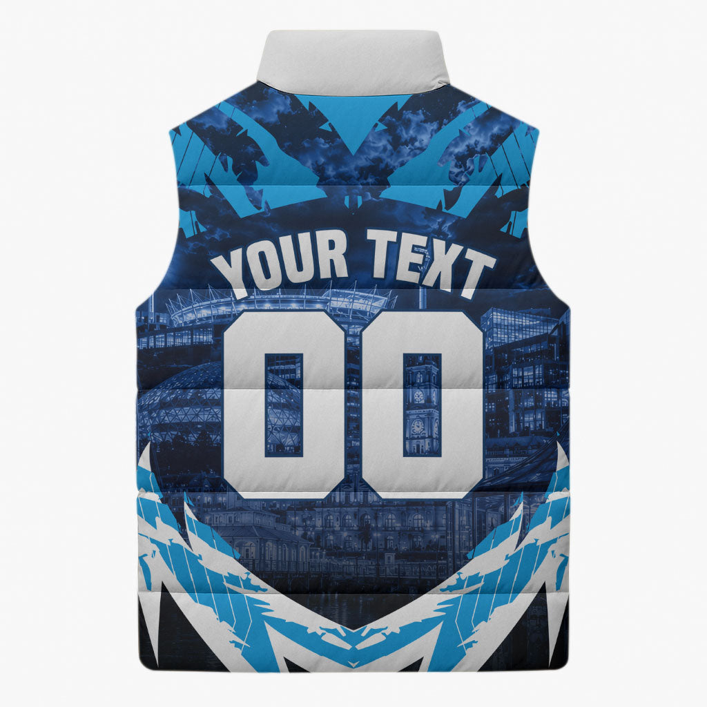 Personalised Geelong Cat Football Sleeveless Puffer Jacket Electric Blue Mascot Charging Cityscape