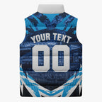 Personalised Geelong Cat Football Sleeveless Puffer Jacket Electric Blue Mascot Charging Cityscape