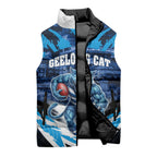Personalised Geelong Cat Football Sleeveless Puffer Jacket Electric Blue Mascot Charging Cityscape