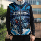 Personalised Geelong Cat Football Sleeveless Puffer Jacket Electric Blue Mascot Charging Cityscape