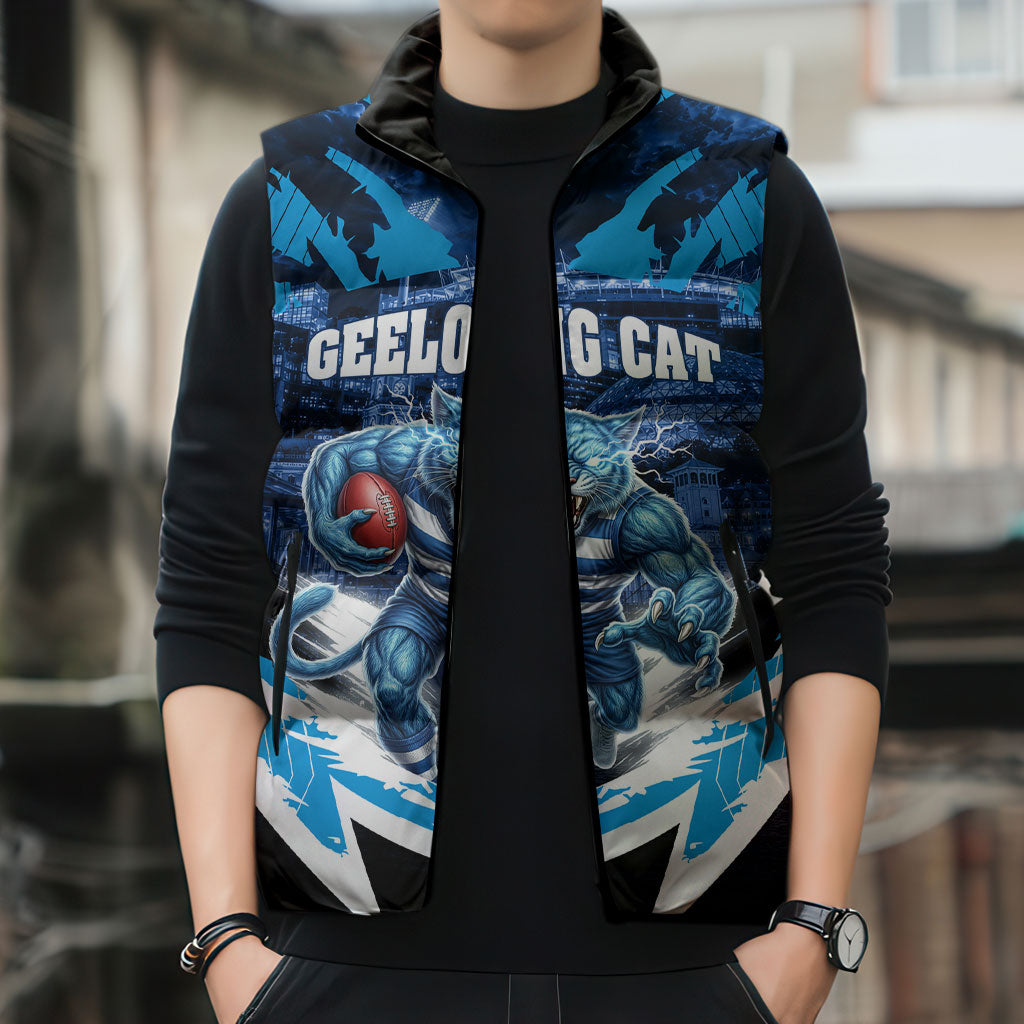 Personalised Geelong Cat Football Sleeveless Puffer Jacket Electric Blue Mascot Charging Cityscape