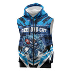 Personalised Geelong Cat Football Sleeveless Zip Hoodie Electric Blue Mascot Charging Cityscape