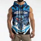 Personalised Geelong Cat Football Sleeveless Zip Hoodie Electric Blue Mascot Charging Cityscape