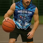 Personalised Geelong Cat Football Sleeveless Zip Hoodie Electric Blue Mascot Charging Cityscape