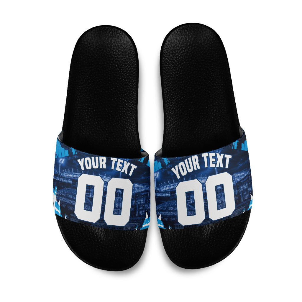Personalised Geelong Cat Football Slide Sandals Electric Blue Mascot Charging Cityscape