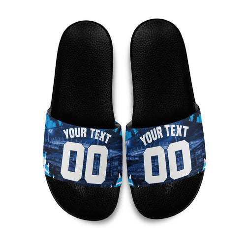Personalised Geelong Cat Football Slide Sandals Electric Blue Mascot Charging Cityscape