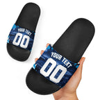Personalised Geelong Cat Football Slide Sandals Electric Blue Mascot Charging Cityscape