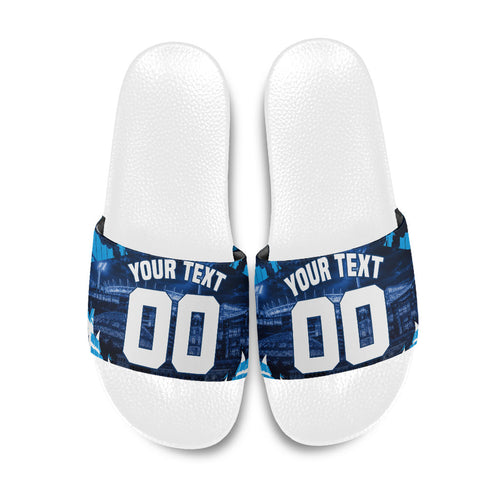 Personalised Geelong Cat Football Slide Sandals Electric Blue Mascot Charging Cityscape