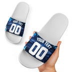 Personalised Geelong Cat Football Slide Sandals Electric Blue Mascot Charging Cityscape