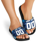 Personalised Geelong Cat Football Slide Sandals Electric Blue Mascot Charging Cityscape