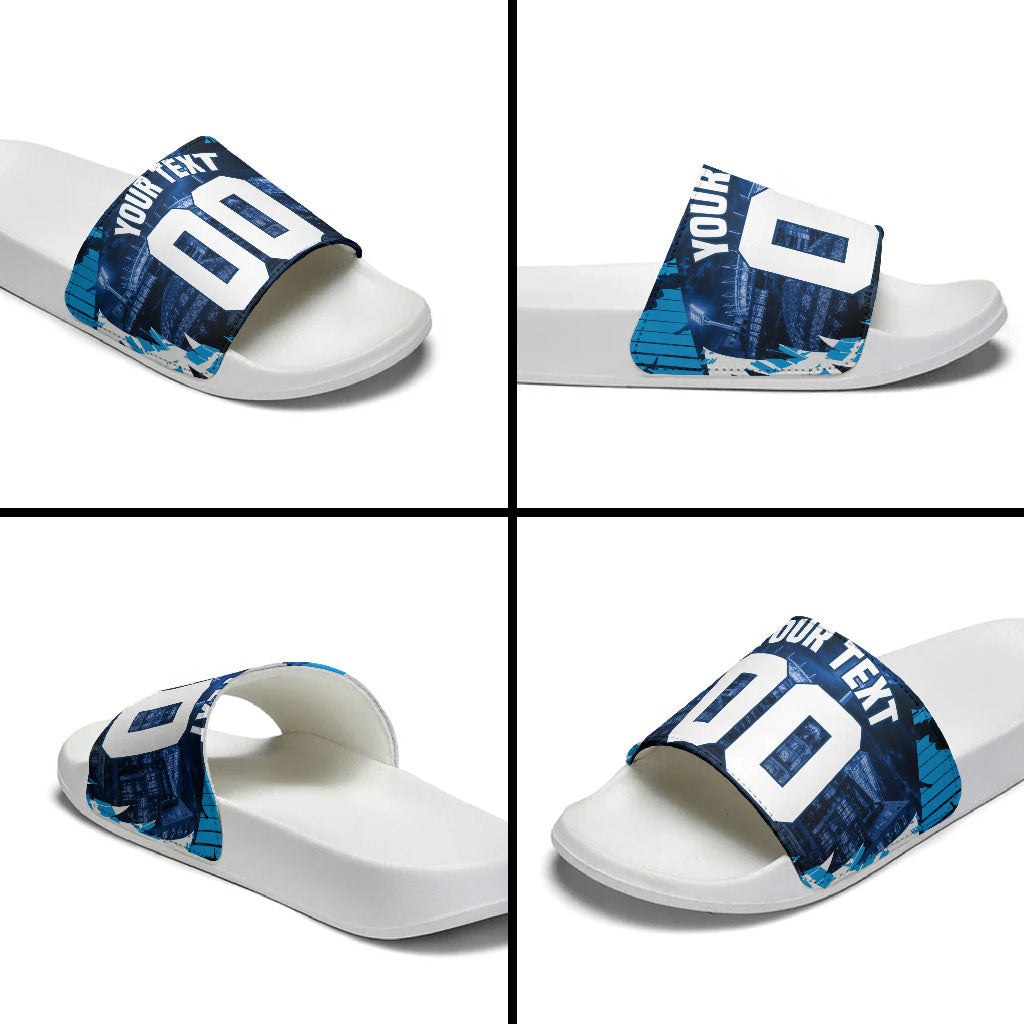 Personalised Geelong Cat Football Slide Sandals Electric Blue Mascot Charging Cityscape