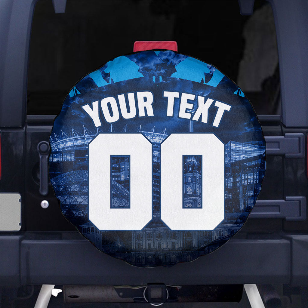 Personalised Geelong Cat Football Spare Tire Cover Electric Blue Mascot Charging Cityscape