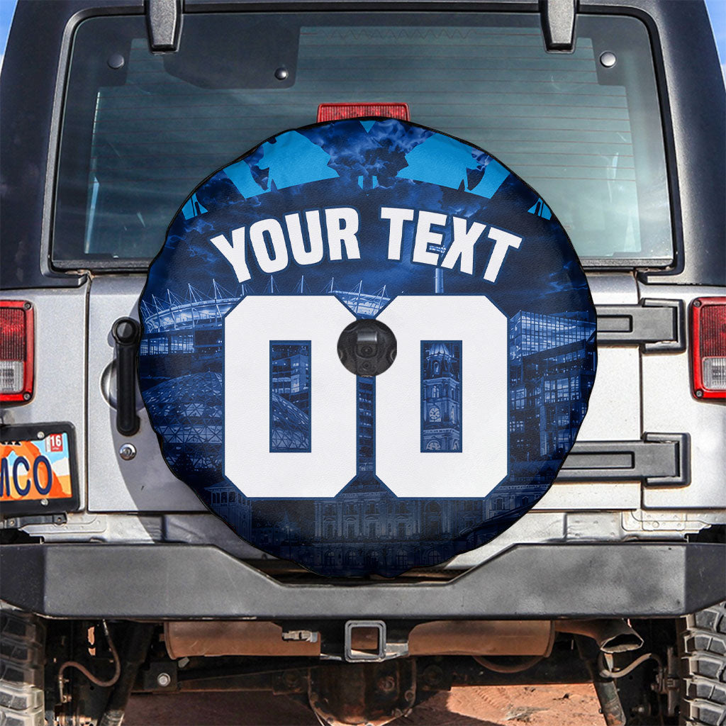 Personalised Geelong Cat Football Spare Tire Cover Electric Blue Mascot Charging Cityscape