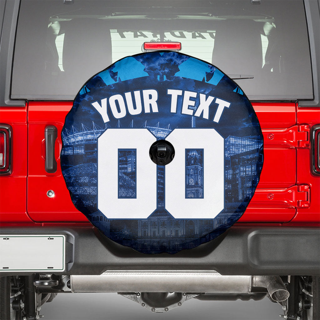 Personalised Geelong Cat Football Spare Tire Cover Electric Blue Mascot Charging Cityscape