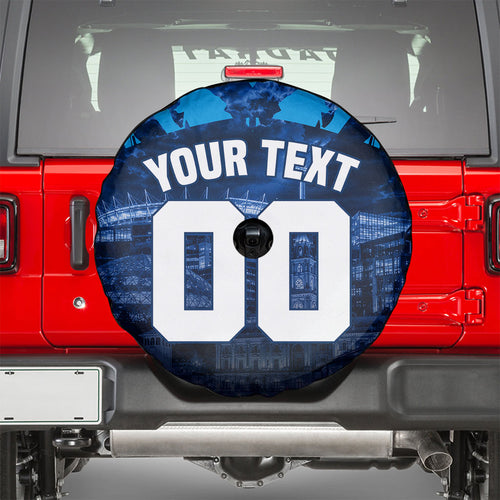 Personalised Geelong Cat Football Spare Tire Cover Electric Blue Mascot Charging Cityscape