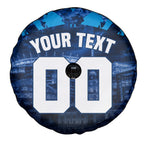 Personalised Geelong Cat Football Spare Tire Cover Electric Blue Mascot Charging Cityscape