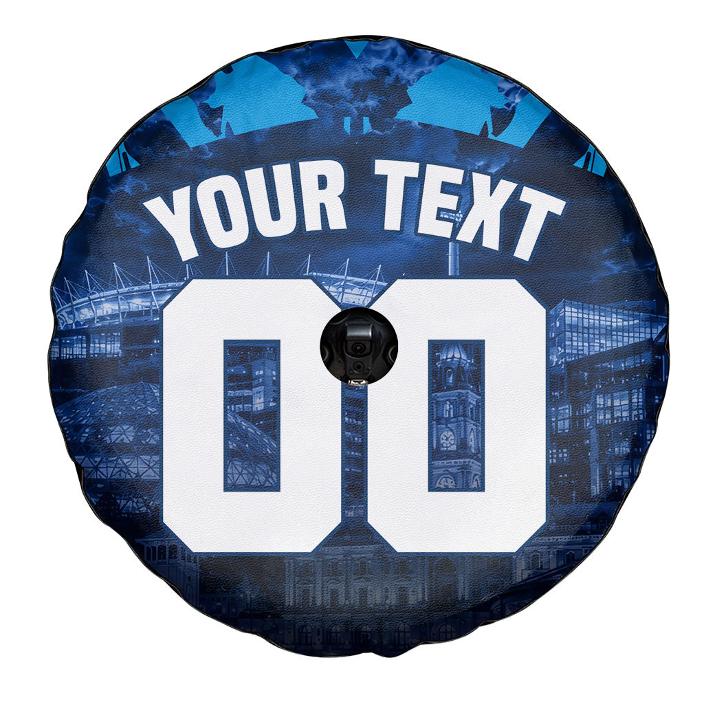 Personalised Geelong Cat Football Spare Tire Cover Electric Blue Mascot Charging Cityscape