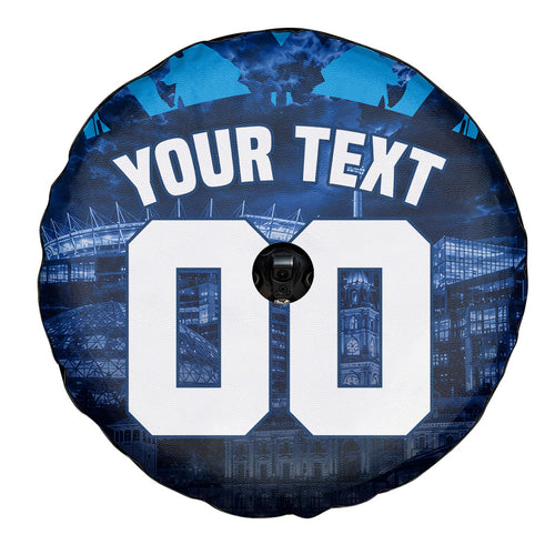 Personalised Geelong Cat Football Spare Tire Cover Electric Blue Mascot Charging Cityscape