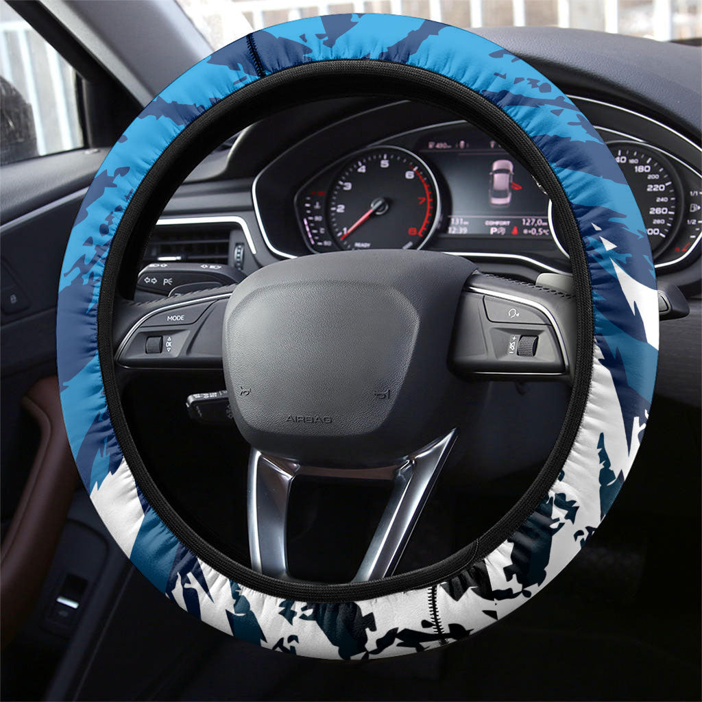 Geelong Cat Football Steering Wheel Cover Electric Blue Mascot Charging Cityscape