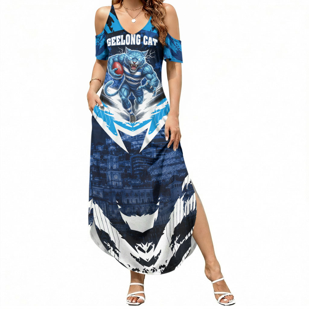 Personalised Geelong Cat Football Summer Maxi Dress Electric Blue Mascot Charging Cityscape