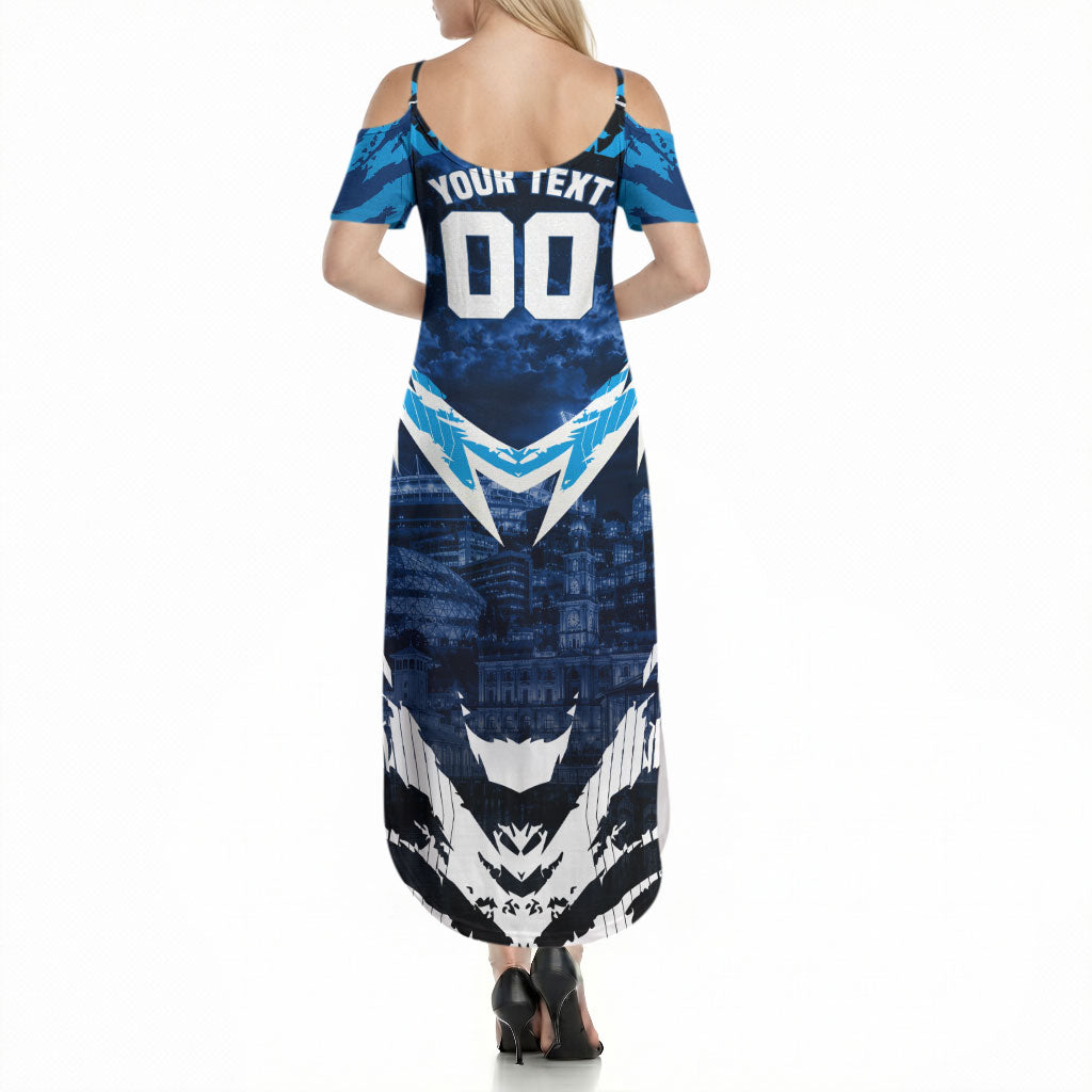 Personalised Geelong Cat Football Summer Maxi Dress Electric Blue Mascot Charging Cityscape